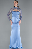 Indigo Long Sleeve Bustier Detailed Sequin Train Satin Evening Gown ABU4765