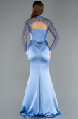 Indigo Long Sleeve Bustier Detailed Sequin Train Satin Evening Gown ABU4765