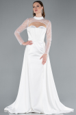 White Long Sleeve Bustier Detailed Sequin Train Satin Evening Gown ABU4765