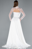 White Long Sleeve Bustier Detailed Sequin Train Satin Evening Gown ABU4765