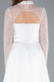 White Long Sleeve Bustier Detailed Sequin Train Satin Evening Gown ABU4765