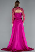 Fuchsia Long Sleeve Bustier Detailed Sequin Train Satin Evening Gown ABU4765