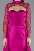 Fuchsia Long Sleeve Bustier Detailed Sequin Train Satin Evening Gown ABU4765