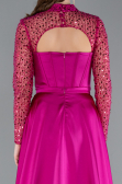 Fuchsia Long Sleeve Bustier Detailed Sequin Train Satin Evening Gown ABU4765