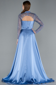 Indigo Long Sleeve Bustier Detailed Sequin Train Satin Evening Gown ABU4765