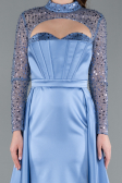 Indigo Long Sleeve Bustier Detailed Sequin Train Satin Evening Gown ABU4765