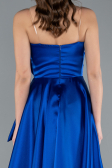 Sax Blue Strapless Slit Long Satin Prom Dress ABU4561