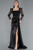 Black Beaded Long Sleeve Slit Satin Evening Gown ABU4781
