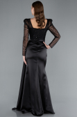 Black Beaded Long Sleeve Slit Satin Evening Gown ABU4781