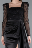 Black Beaded Long Sleeve Slit Satin Evening Gown ABU4781
