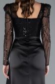 Black Beaded Long Sleeve Slit Satin Evening Gown ABU4781