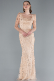 Gold Long Sleeve Stone Embellished Satin Train Evening Dress ABU4603