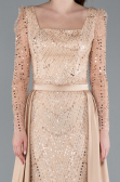 Gold Long Sleeve Stone Embellished Satin Train Evening Dress ABU4603