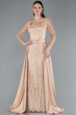 Gold Long Sleeve Stone Embellished Satin Train Evening Dress ABU4603