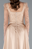 Gold Long Sleeve Stone Embellished Satin Train Evening Dress ABU4603
