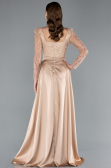 Gold Long Sleeve Stone Embellished Satin Train Evening Dress ABU4603
