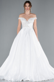 White Pearled Boat Neck Long Satin Wedding Dress ABG091