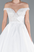 White Pearled Boat Neck Long Satin Wedding Dress ABG091