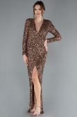 Copper Long Sleeve V Neck Scaly Evening Gown ABU4763