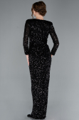 Black Long Sleeve V Neck Scaly Evening Gown ABU4763
