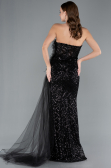 Black Strapless Slit Long Train Sequin Mermaid Evening Gown ABU4772