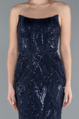 Navy Blue Strapless Beaded Long Evening Gown ABU4775