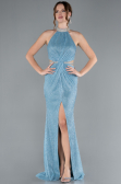 Light Blue Halter Neck Slit Long Glitter Mermaid Evening Gown ABU4766