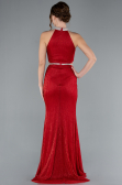 Red Halter Neck Slit Long Glitter Mermaid Evening Gown ABU4766