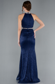 Navy Blue Halter Neck Slit Long Glitter Mermaid Evening Gown ABU4766