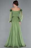 Olive Drab Floral Boat Neck Long Sleeve Chiffon Prom Gown ABU4130