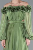 Olive Drab Floral Boat Neck Long Sleeve Chiffon Prom Gown ABU4130