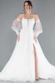 White Slit Laced Sleeve Accessories Long Wedding Dress ABG114