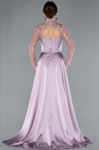 Light Lavender Long Sleeve Bustier Detailed Sequin Train Satin Evening Gown ABU4765