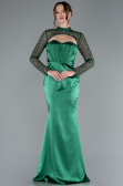 Emerald Green Long Sleeve Bustier Detailed Sequin Train Satin Evening Gown ABU4765