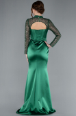 Emerald Green Long Sleeve Bustier Detailed Sequin Train Satin Evening Gown ABU4765