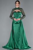 Emerald Green Long Sleeve Bustier Detailed Sequin Train Satin Evening Gown ABU4765