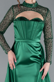 Emerald Green Long Sleeve Bustier Detailed Sequin Train Satin Evening Gown ABU4765
