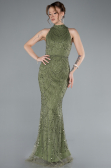 Olive Drab Halter Neck Long Beaded Mermaid Evening Gown ABU4791