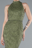 Olive Drab Halter Neck Long Beaded Mermaid Evening Gown ABU4791