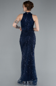 Navy Blue Halter Neck Long Beaded Mermaid Evening Gown ABU4791