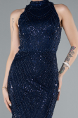 Navy Blue Halter Neck Long Beaded Mermaid Evening Gown ABU4791