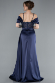 Navy Blue Glittery Underwire Slit Long Satin Evening Gown ABU4801