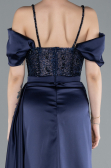Navy Blue Glittery Underwire Slit Long Satin Evening Gown ABU4801
