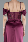 Cherry Colored Glittery Underwire Slit Long Satin Evening Gown ABU4801