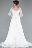 White Sequin Long Sleeves Tail Satin Mermaid Evening Gown ABU4332