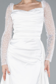 White Sequin Long Sleeves Tail Satin Mermaid Evening Gown ABU4332