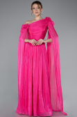 Fuchsia One Shoulder Shawl Sleeve Long Chiffon Evening Dress ABU4809