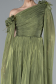 Olive Drab One Shoulder Shawl Sleeve Long Chiffon Evening Dress ABU4809