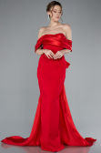 Red Satin Boat Neck Tail Long Mermaid Evening Dress ABU4797