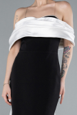 Black-White Satin Boat Neck Tail Long Mermaid Evening Dress ABU4797
